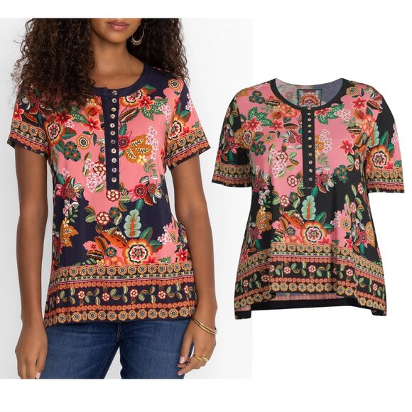 JOHNNY WAS Janie Favorite Short sleeve Henley tee top sz S floral print - Picture 1 of 6